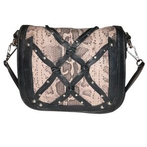 JOELLE HAWKENS Sadie Leather Crossbody Bag w/Snake Print Front Flap Black/Tan